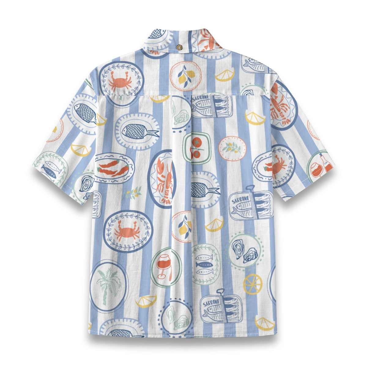 Mediterranean Banquet Shirt flat lay, blue and white striped boys shirt with plates of seafood, lemons and sardines