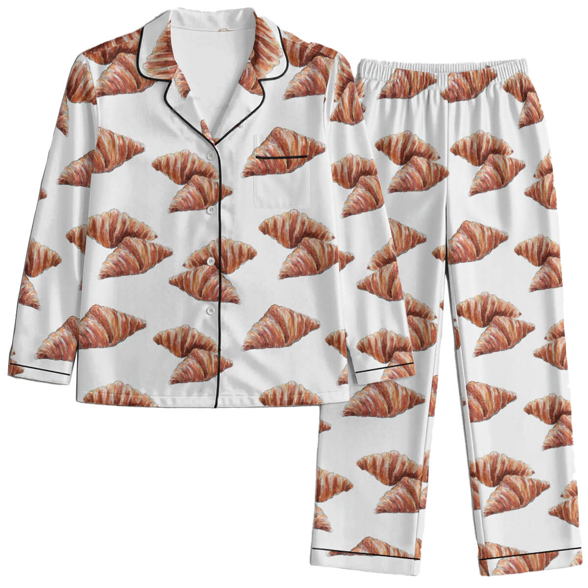 Pajama set with croissant pattern on a white background